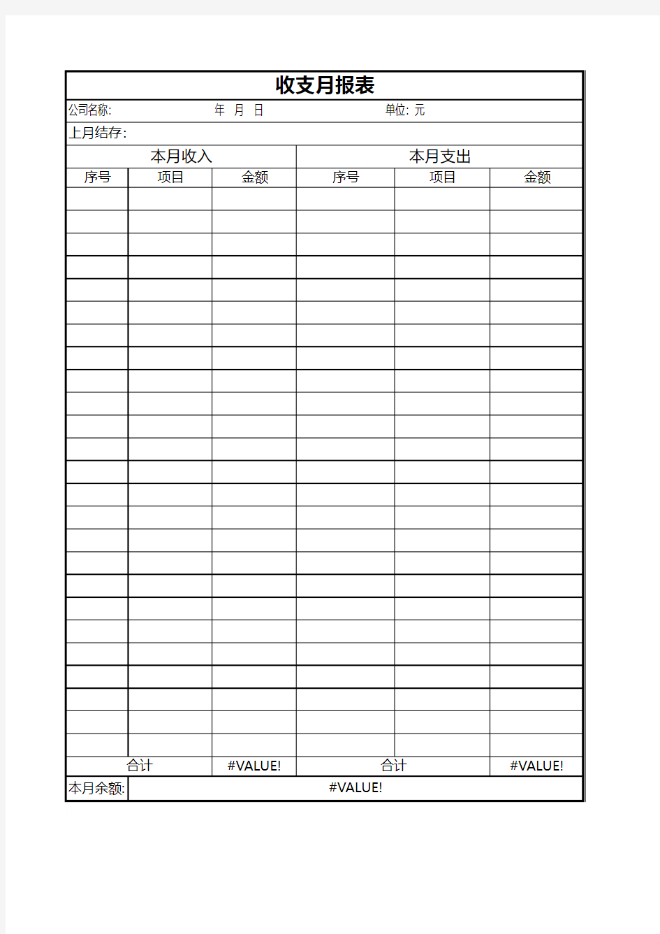 公司月度收支月报表格