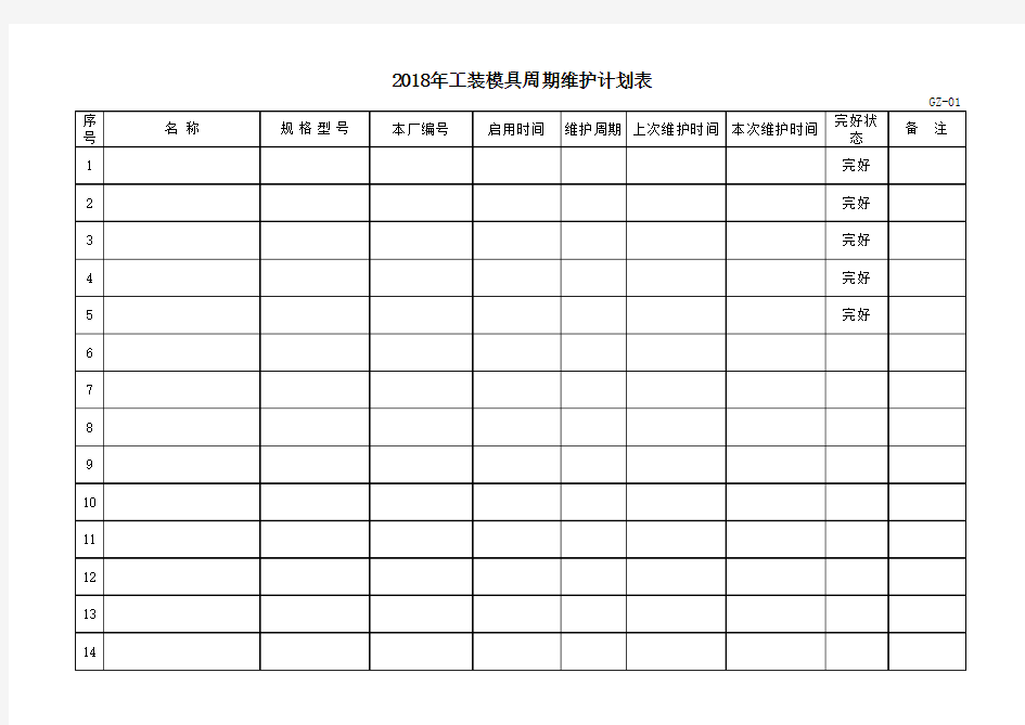 工装模具周期维护计划