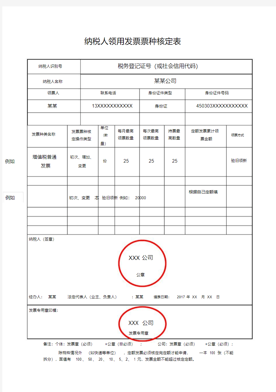 纳税人领用发票票种核定表填写模板