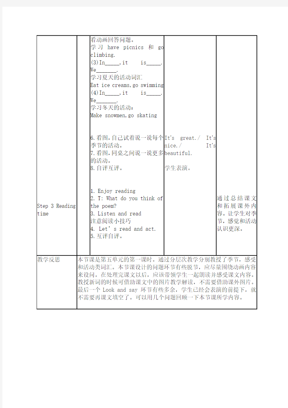 苏教版牛津译林版小学英语四年级4B Unit 5 seasons(1)教案和反思获奖教案