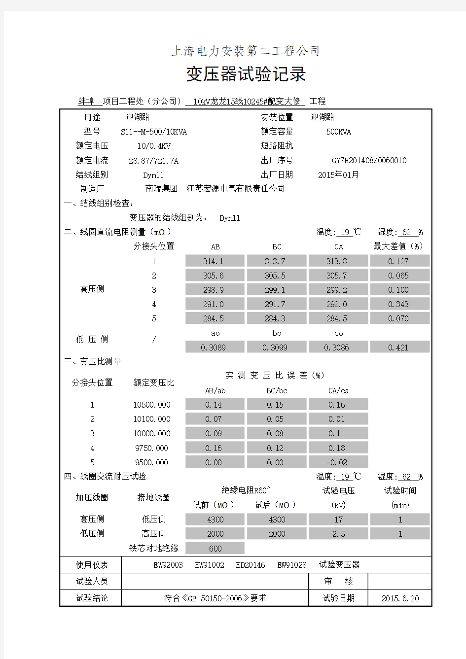 变压器试验记录