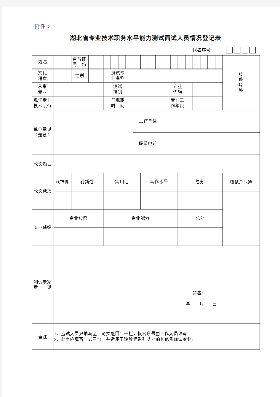 湖北省专业技术职务水平能力测试面试人员情况登记表