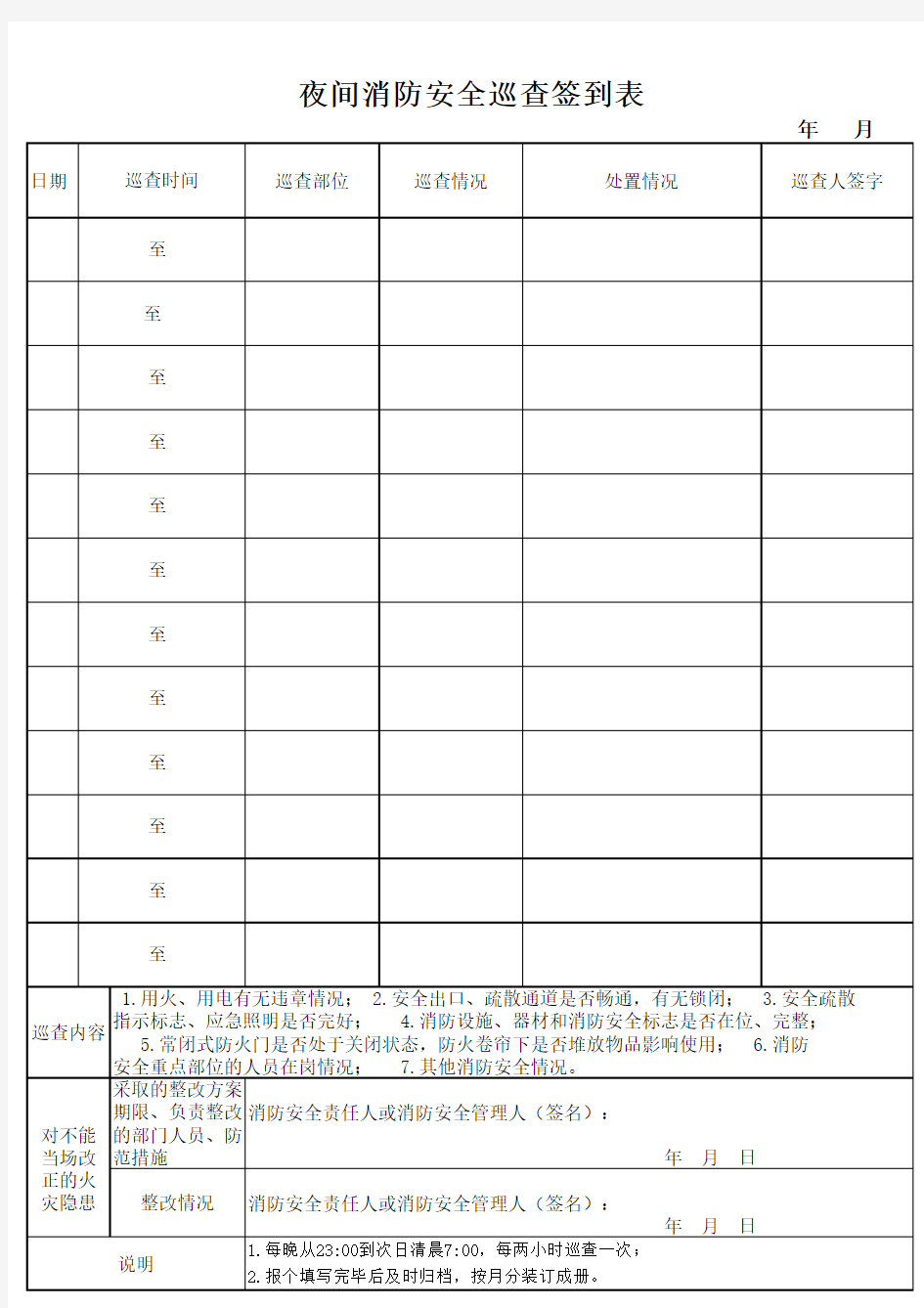 保安夜间巡查签到表