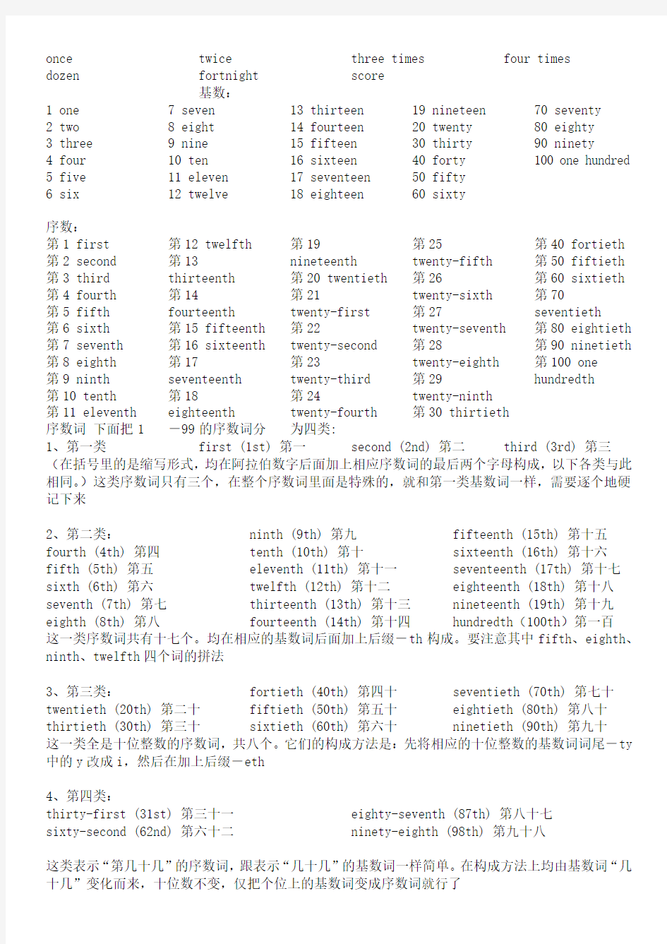 英语中1-100基数词和序数词