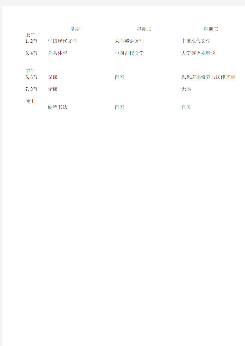 汉语言文学课程表
