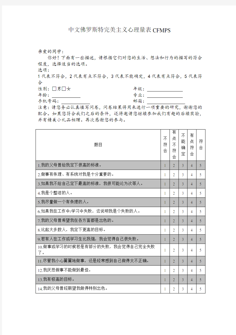 中文佛罗斯特完美主义心理量表CFMPS