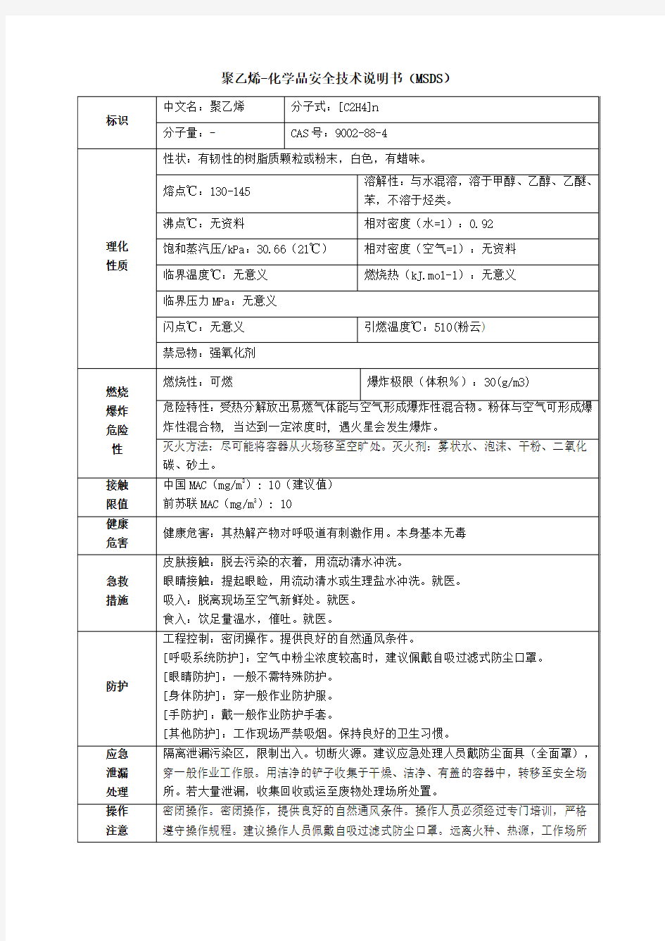 msds 聚乙烯