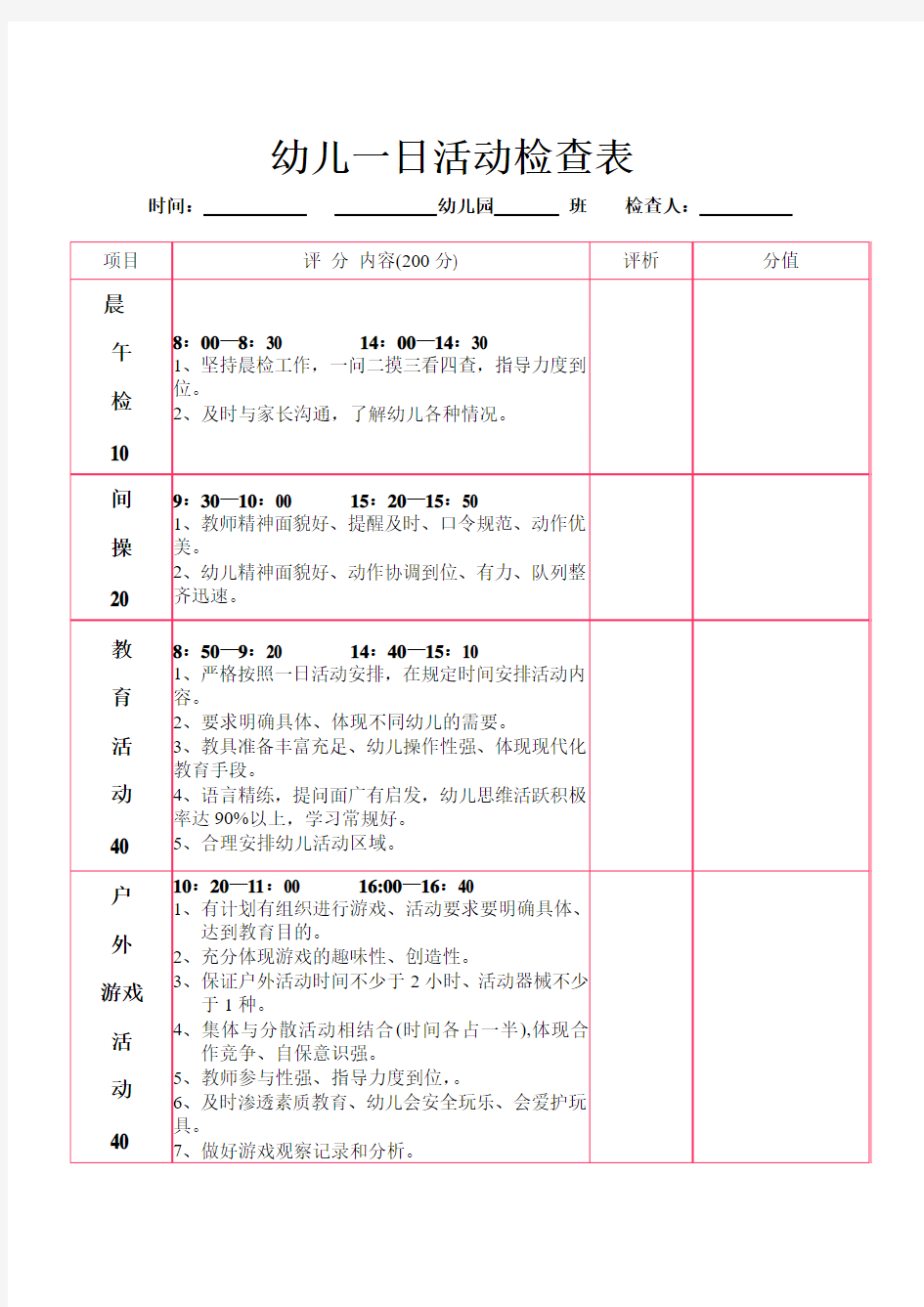 幼儿一日活动检查表