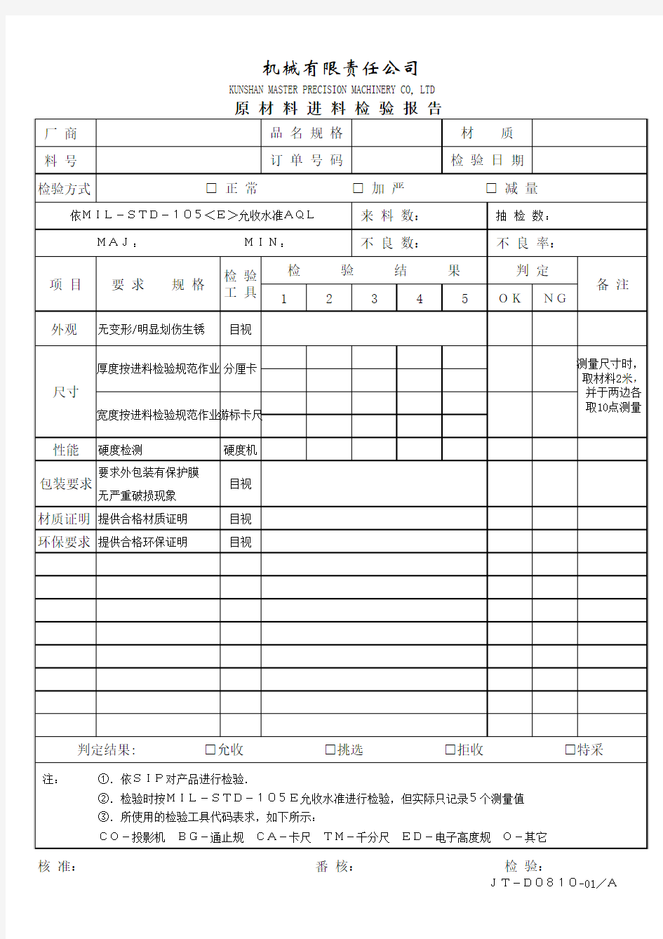 原材料进料检验报告表