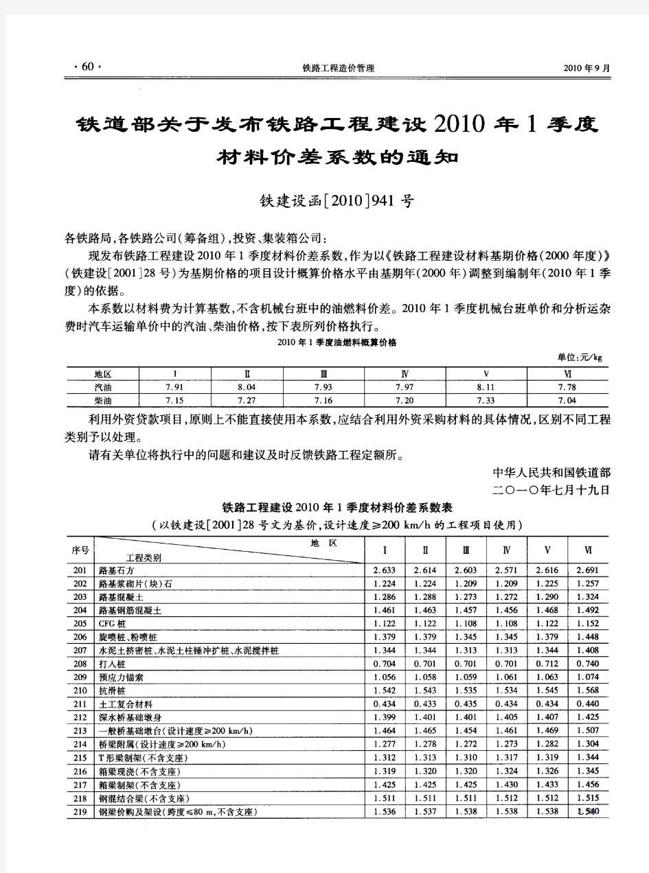 铁道部关于发布铁路工程建设2010年1季度材料价差系数的通知