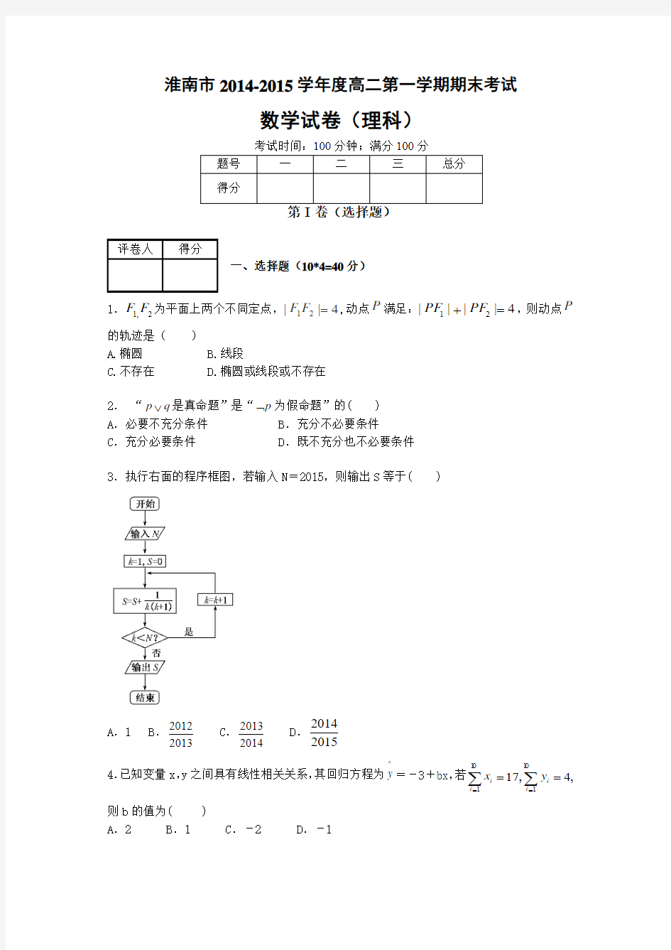 淮南市2014-2015(1)期末考试高二数学试卷(理科)试卷及答案