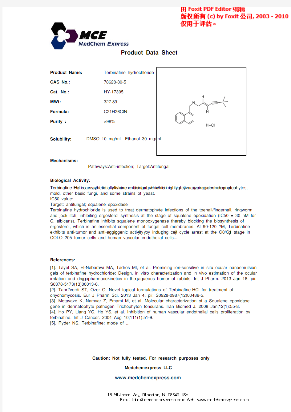 Terbinafine hydrochloride_78628-80-5_DataSheet_MedChemExpress