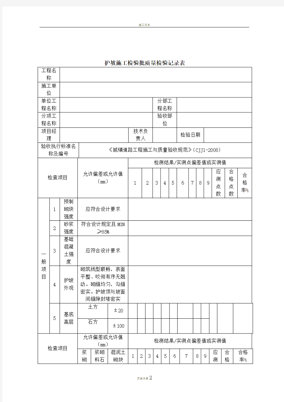 护坡施工检验批质量检验记录表