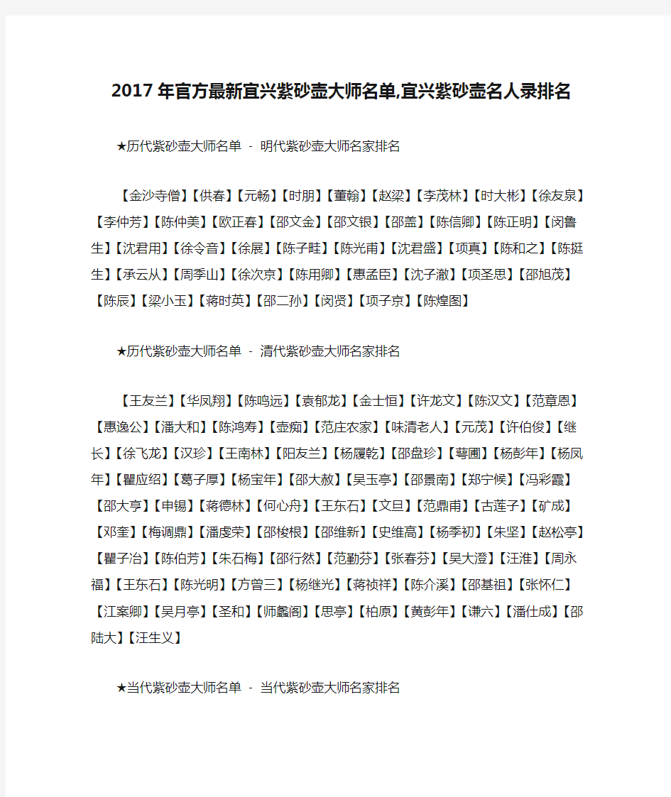 2017年官方最新宜兴紫砂壶大师名单,宜兴紫砂壶名人录排名