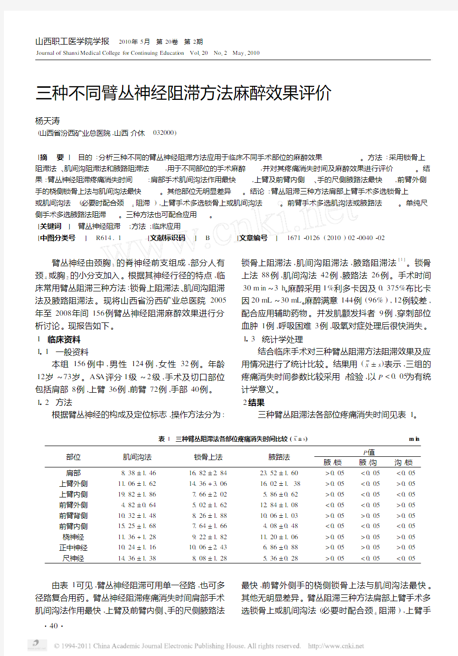 三种不同臂丛神经阻滞方法麻醉效果评价