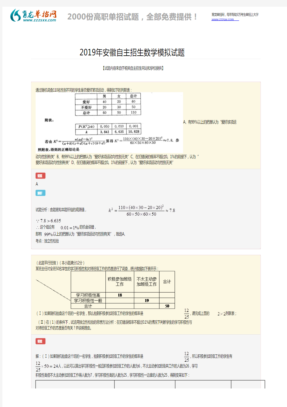 2019年安徽自主招生数学模拟考试