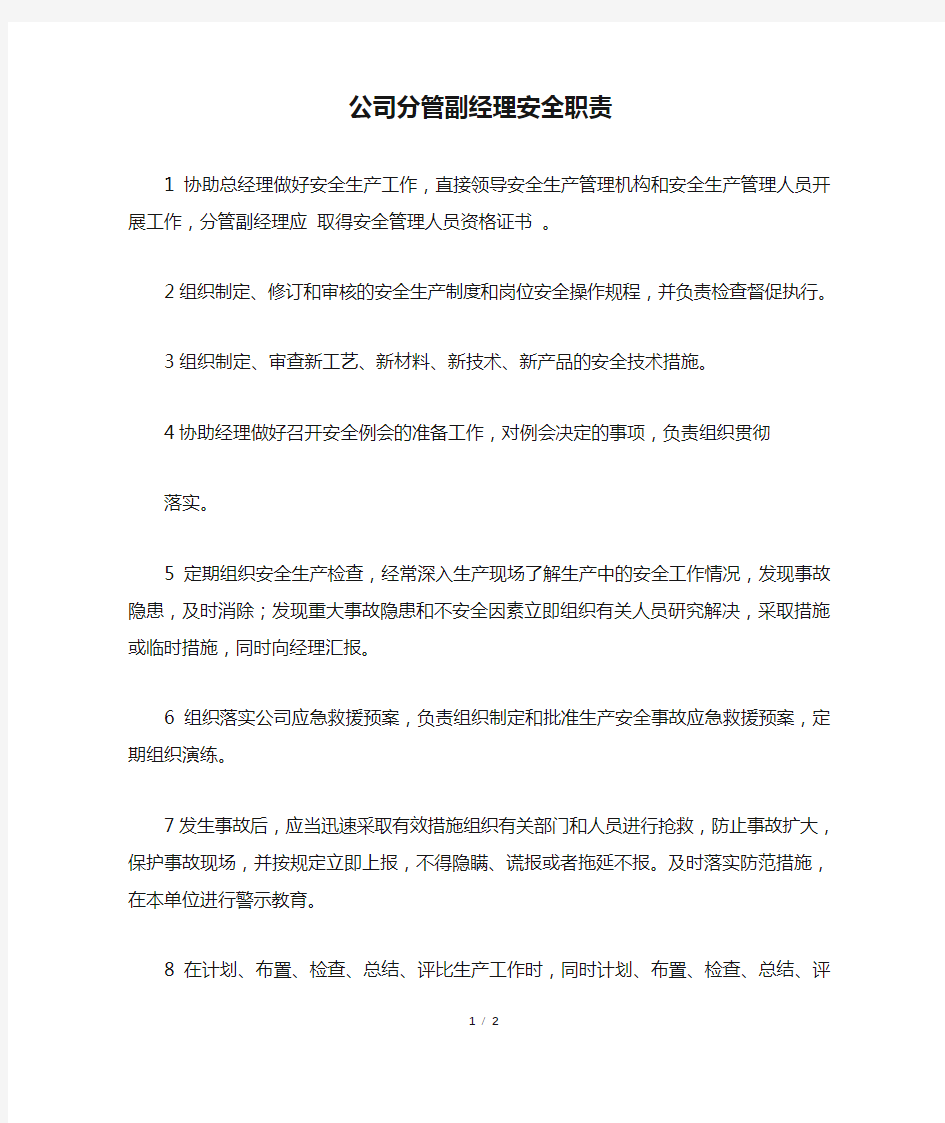 公司分管副经理安全职责