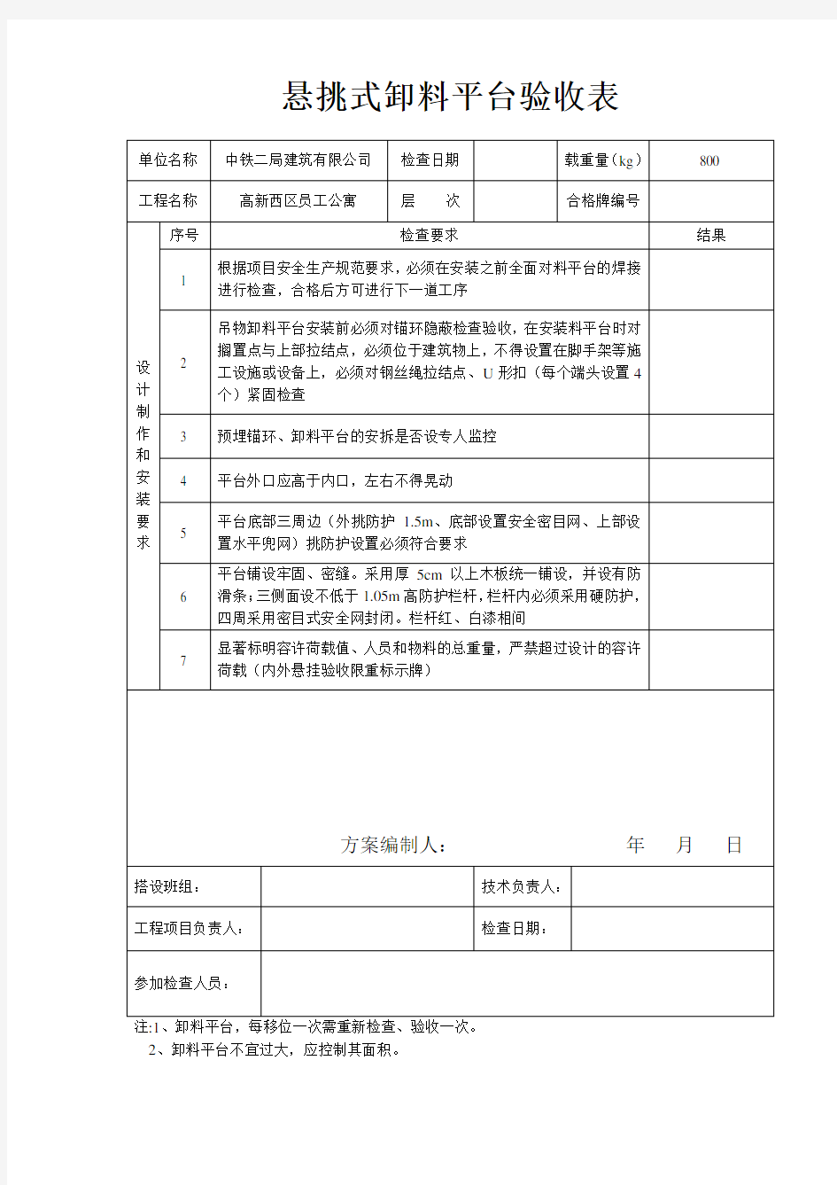 悬挑式卸料平台验收表(二局)