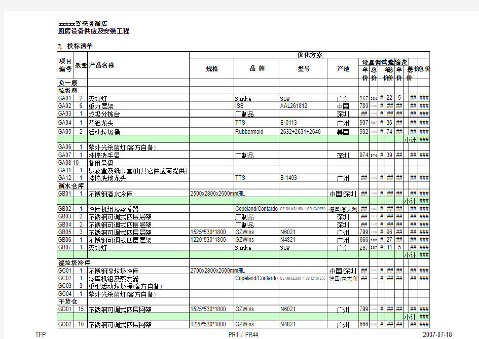 五星级宾馆厨房设备及价格预算清单汇总