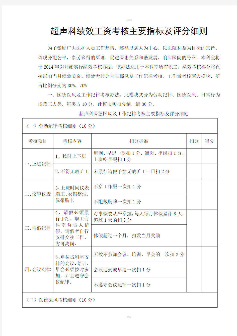 超声科绩效工资考核主要指标及评分细则