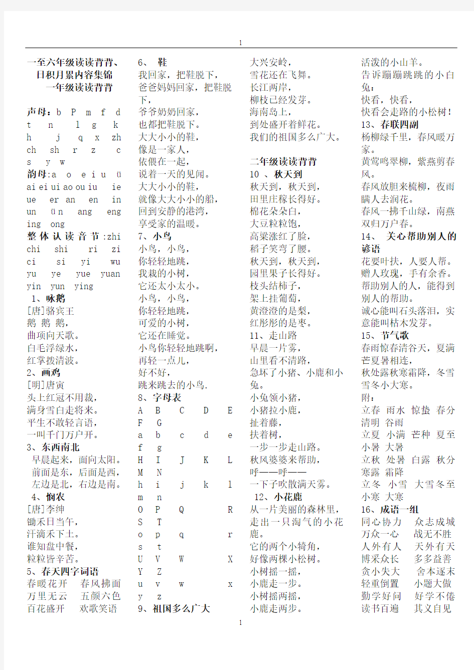 新人教版小学语文教材一至六年级读读背背、日积月累内容集锦