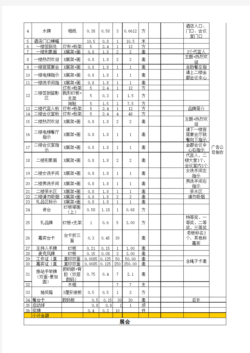 广告物料报价表