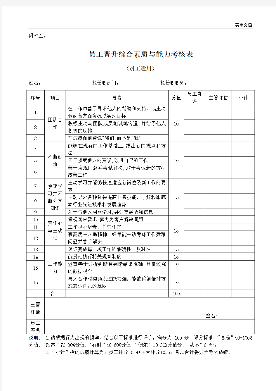 员工综合素质与能力考核表