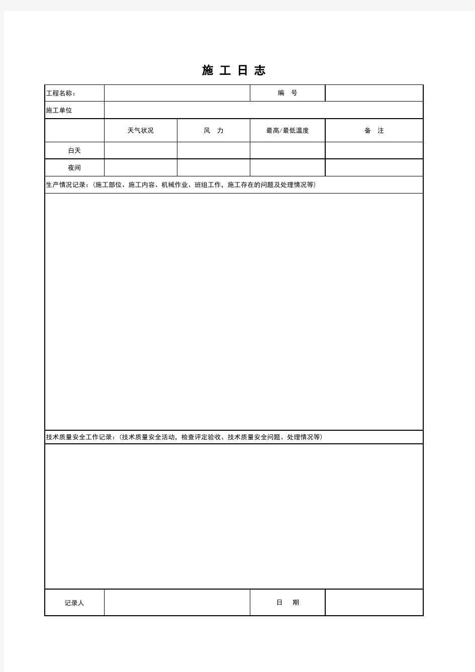 施工日志(表格模板)-施工日志模板