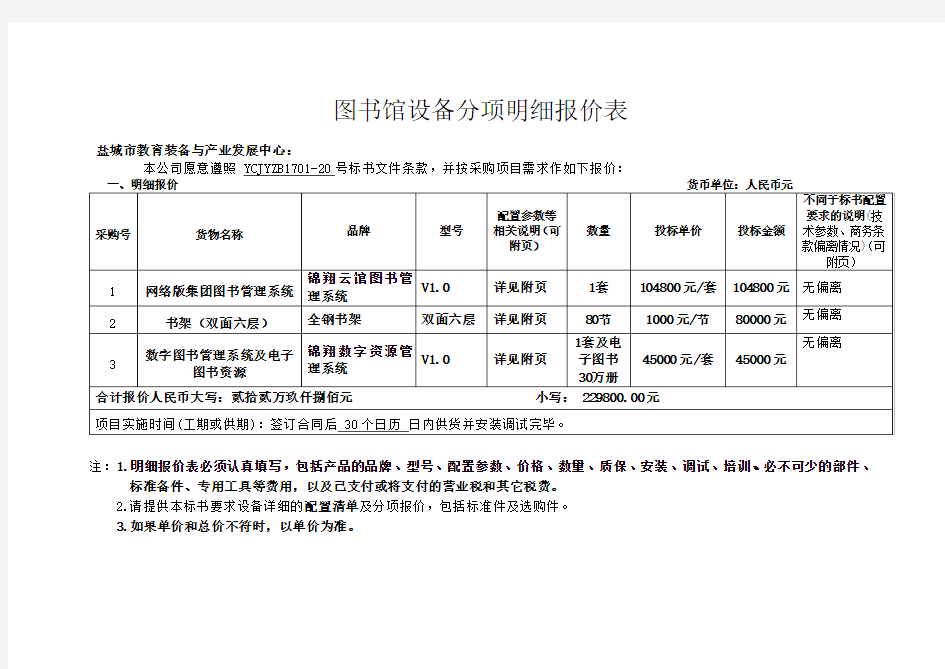 图书馆设备分项明细报价表