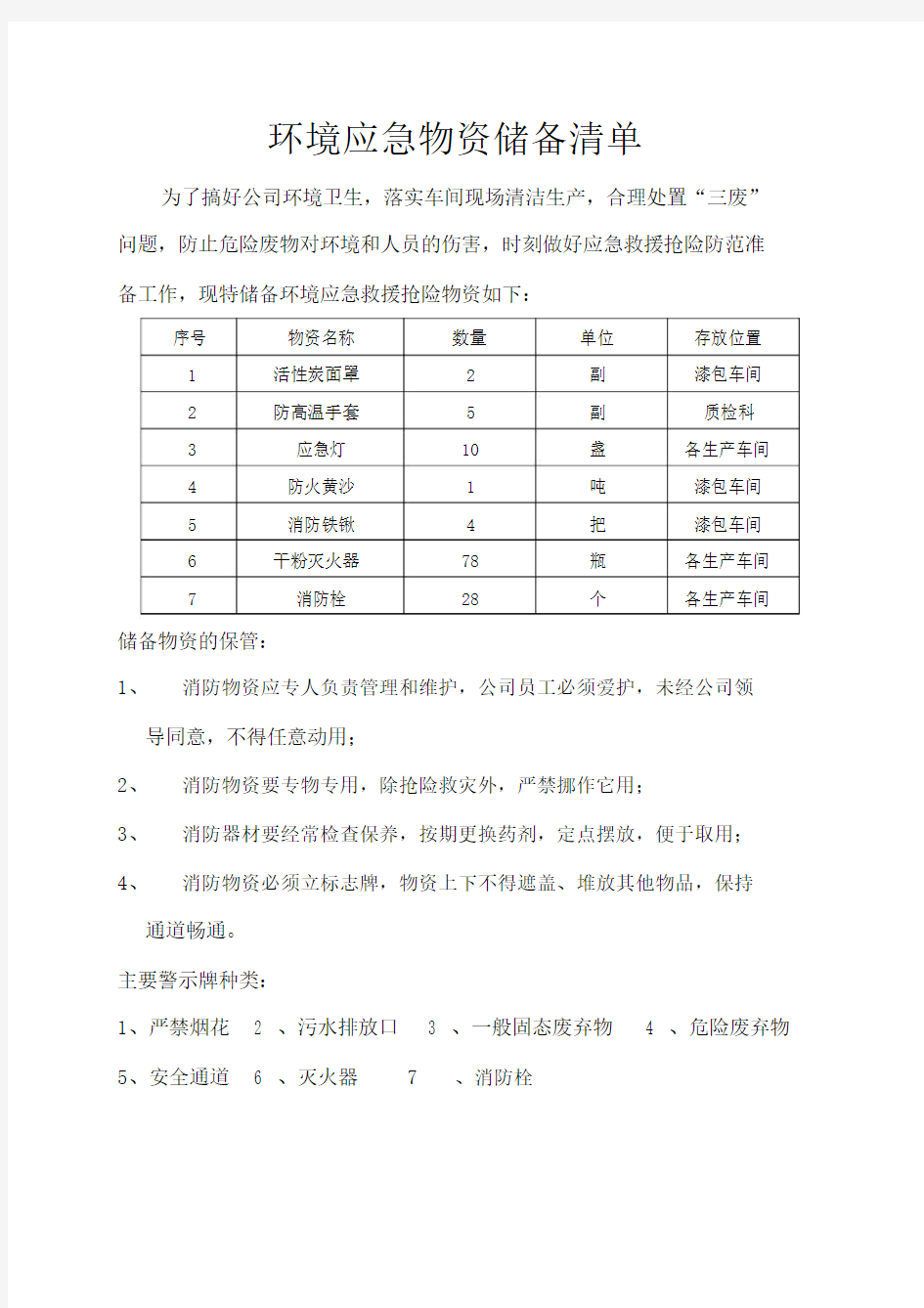 环境应急物资储备清单.doc