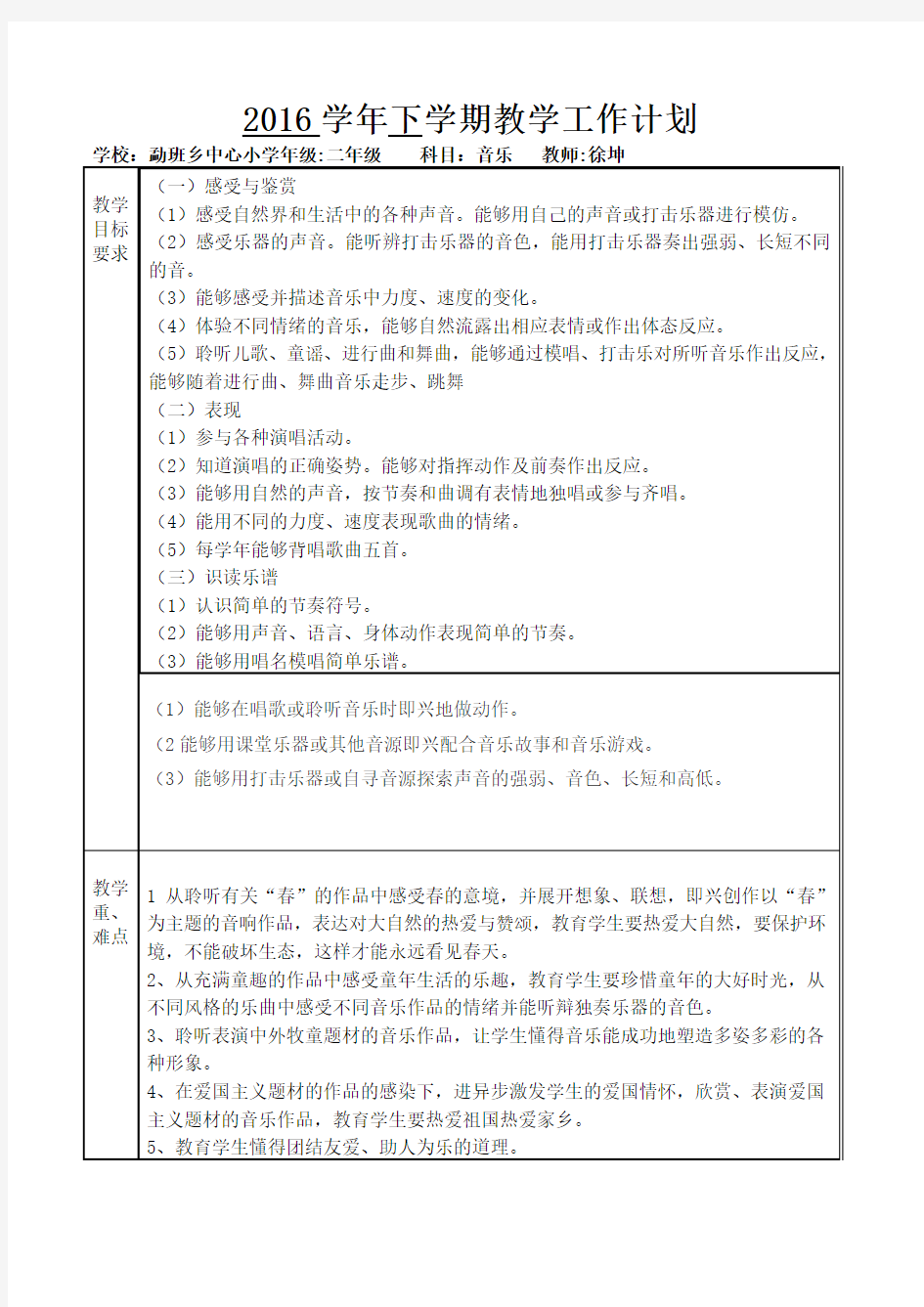 徐坤2016学年 下 学期教学工作计划