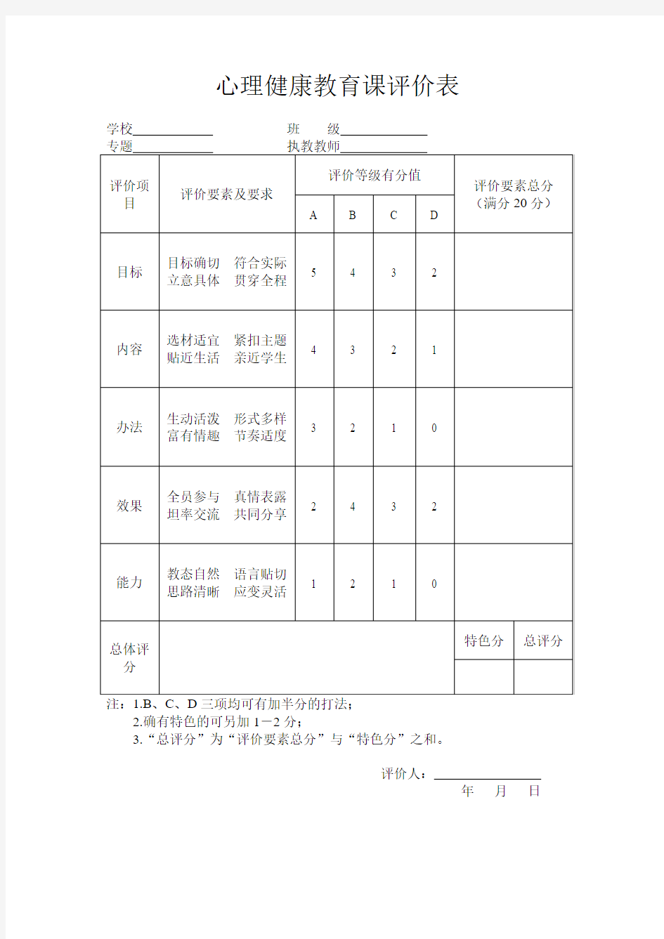 心理健康教育课评价表