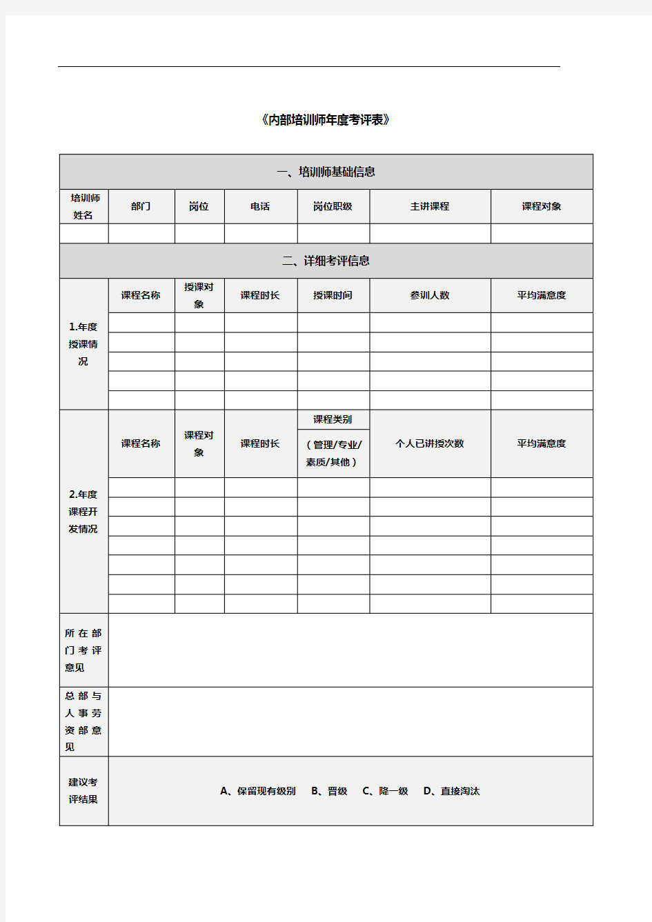 《内部培训师年度考评表》