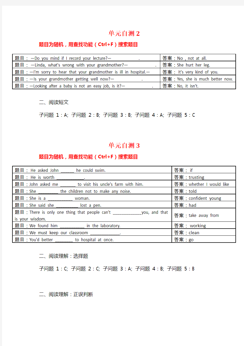 2018国开网人文英语3答案(单元自测2~8)