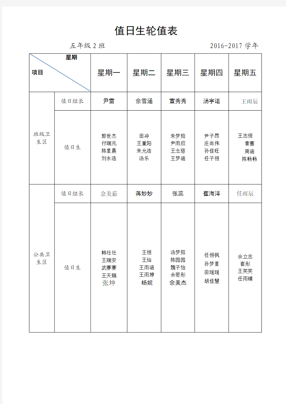 值日生轮值表