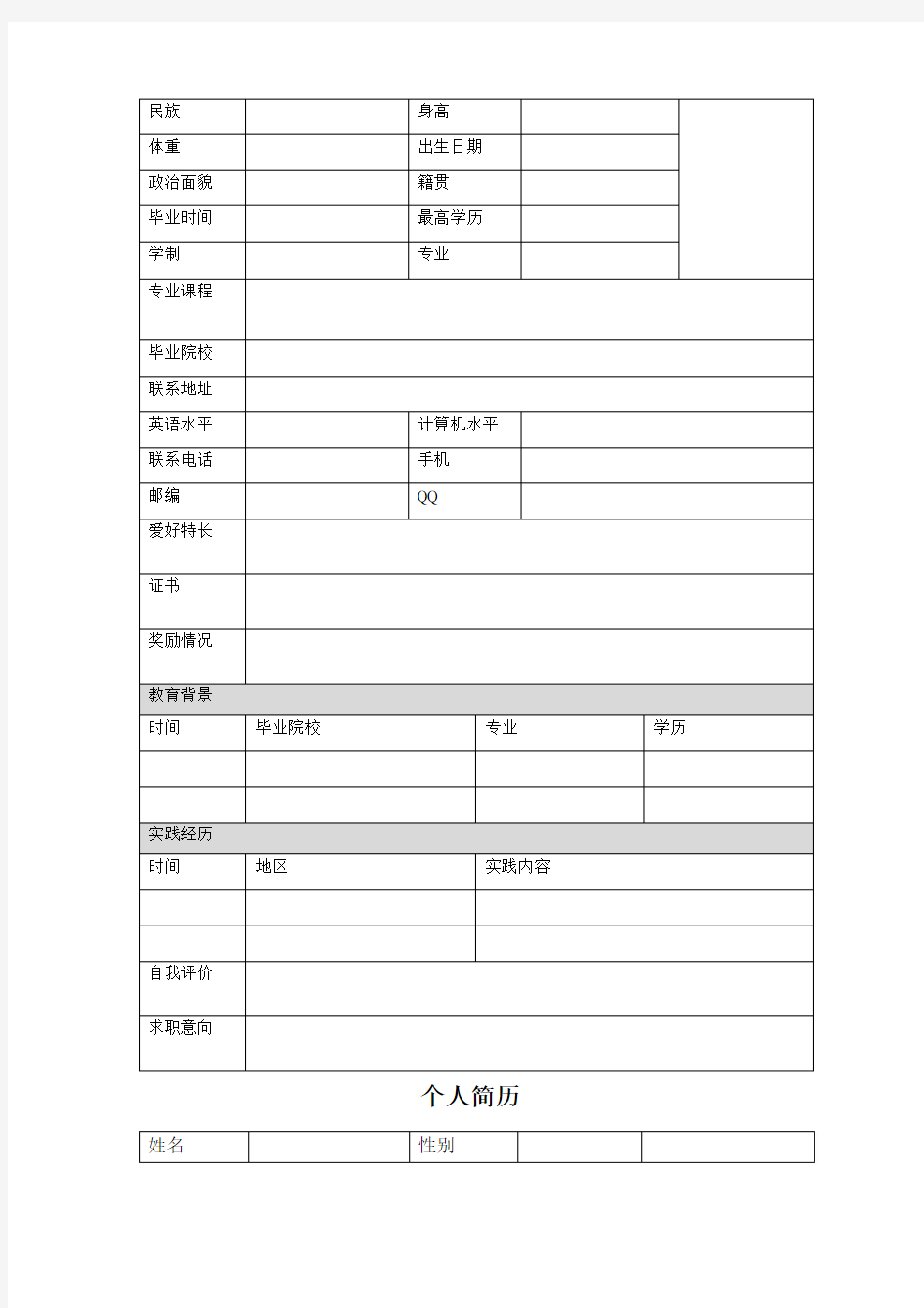 空白个人简历表格