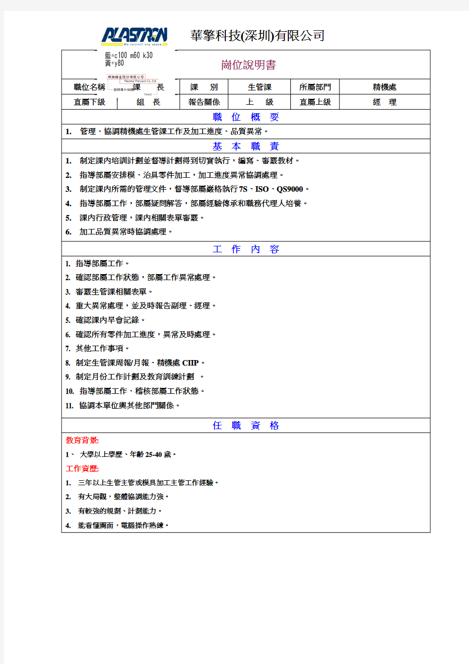 生管课课长岗位职责说明书