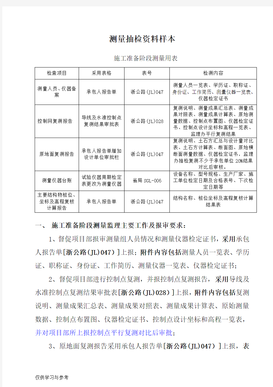 公路工程测量监理抽检统一用表资料