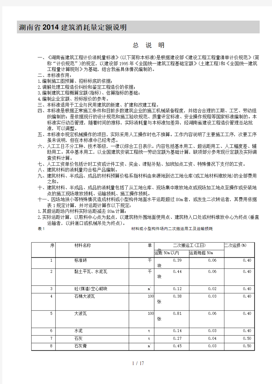 湖南省2014年建筑消耗量定额说明