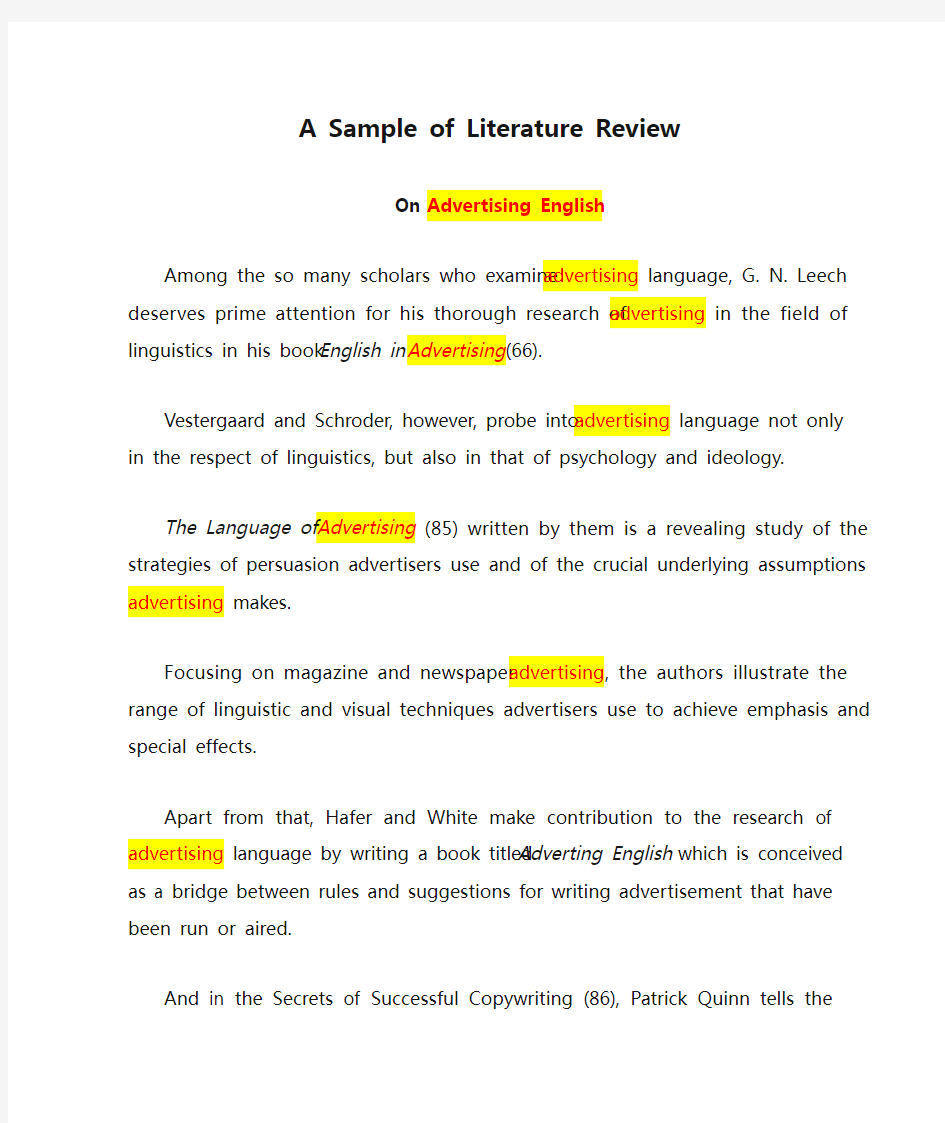 (完整word版)A Sample of Literature Review(英文文献综述模板)