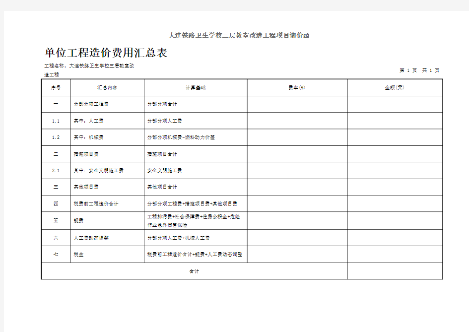 单位工程造价费用汇总表