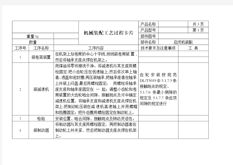 (机械制造行业)机械装配工艺过程卡片