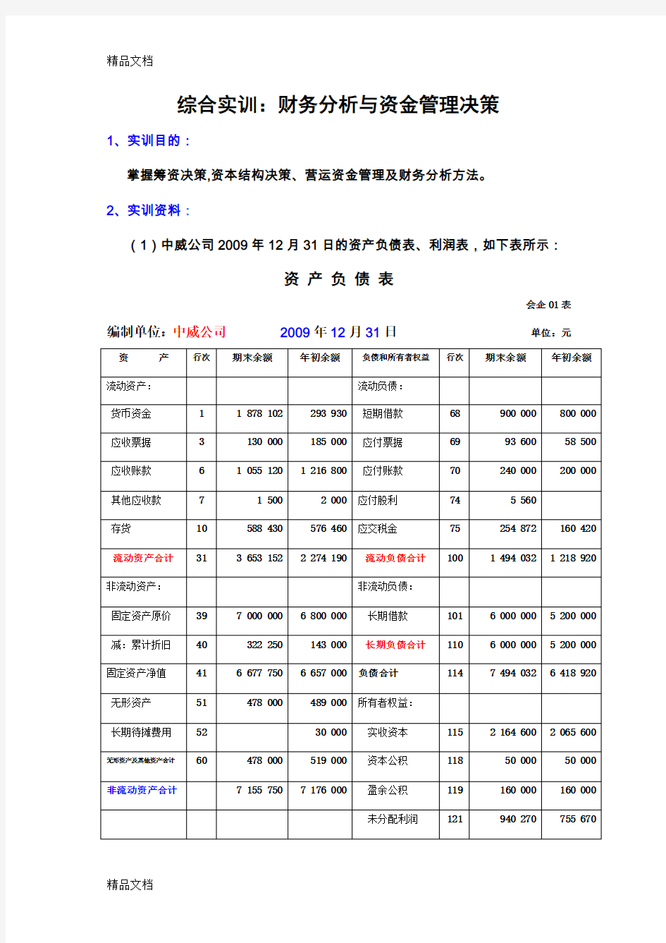 最新财务管理综合实训资料资料