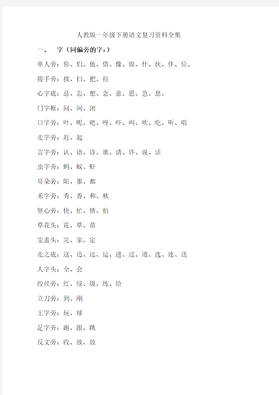 一年级下册同音字、多音字、反义词、词语、句子要点复习资料