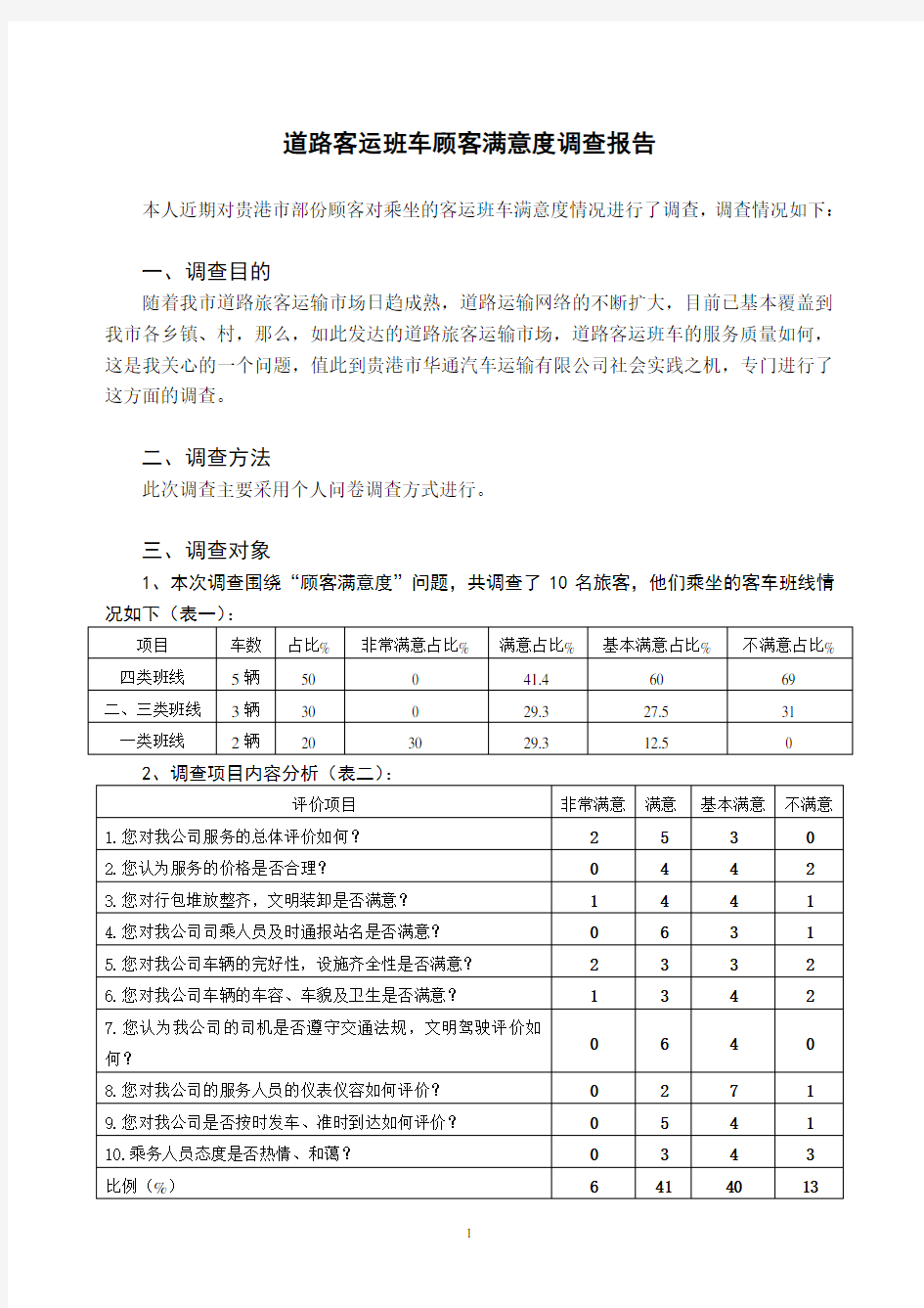 道路客运顾客满意度调查报告