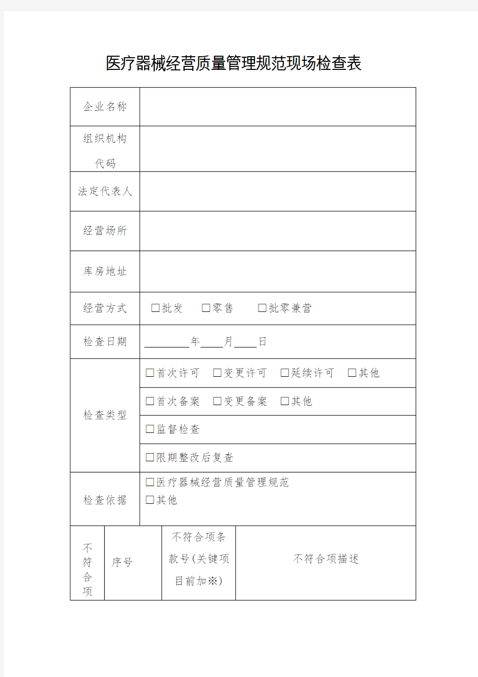 医疗器械经营质量管理规范现场检查表