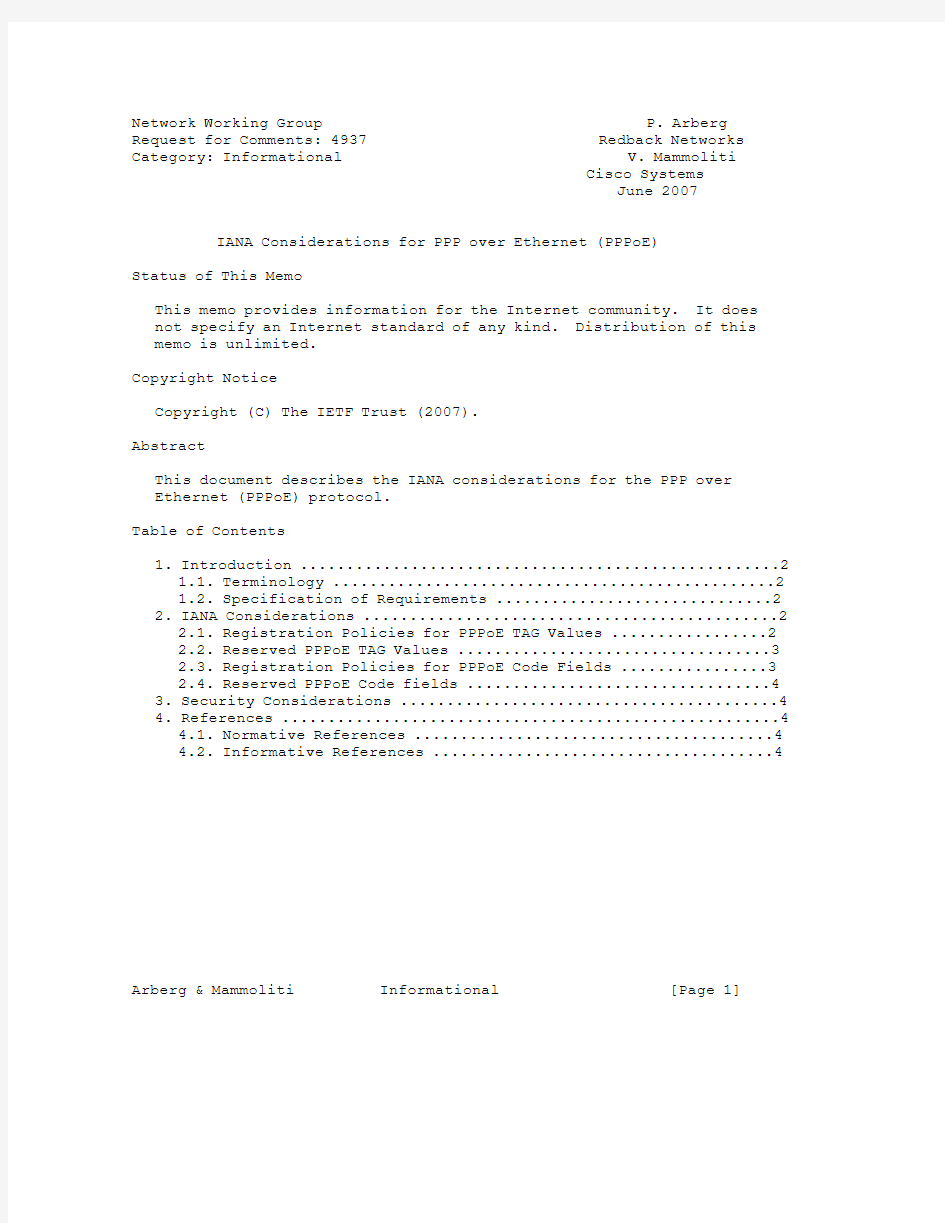 rfc4937.IANA Considerations for PPP over Ethernet (PPPoE)