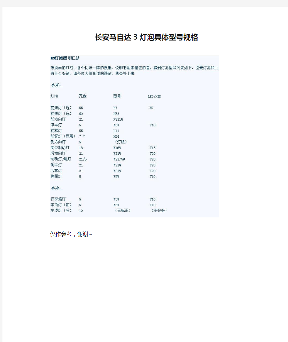 长安马自达3灯泡具体型号规格