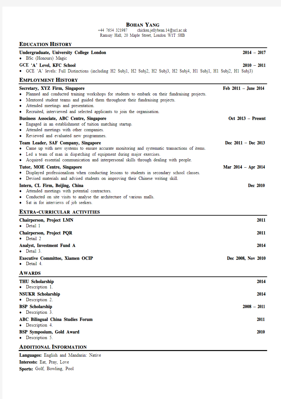 CV Sample 英文简历格式