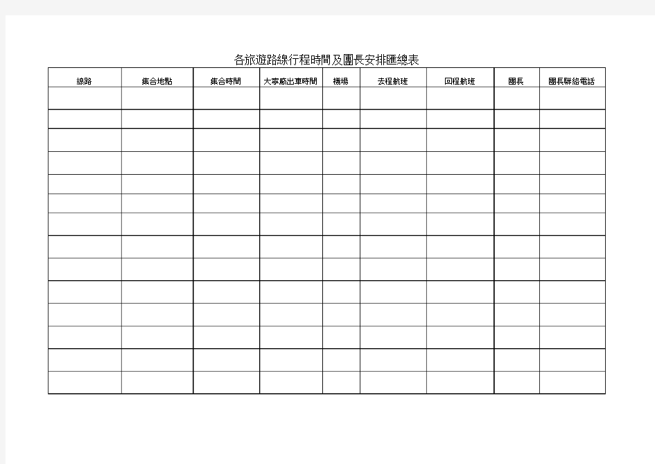 【表格】各旅游路线行程时间及团长安排汇总表(范本)